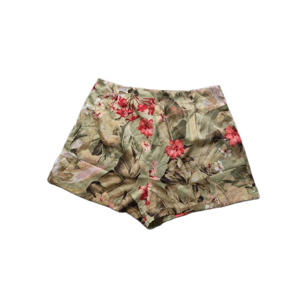PrettyLittleThing Floral High Rise Shorts Olive Green Red Tropical Zip Womens 14